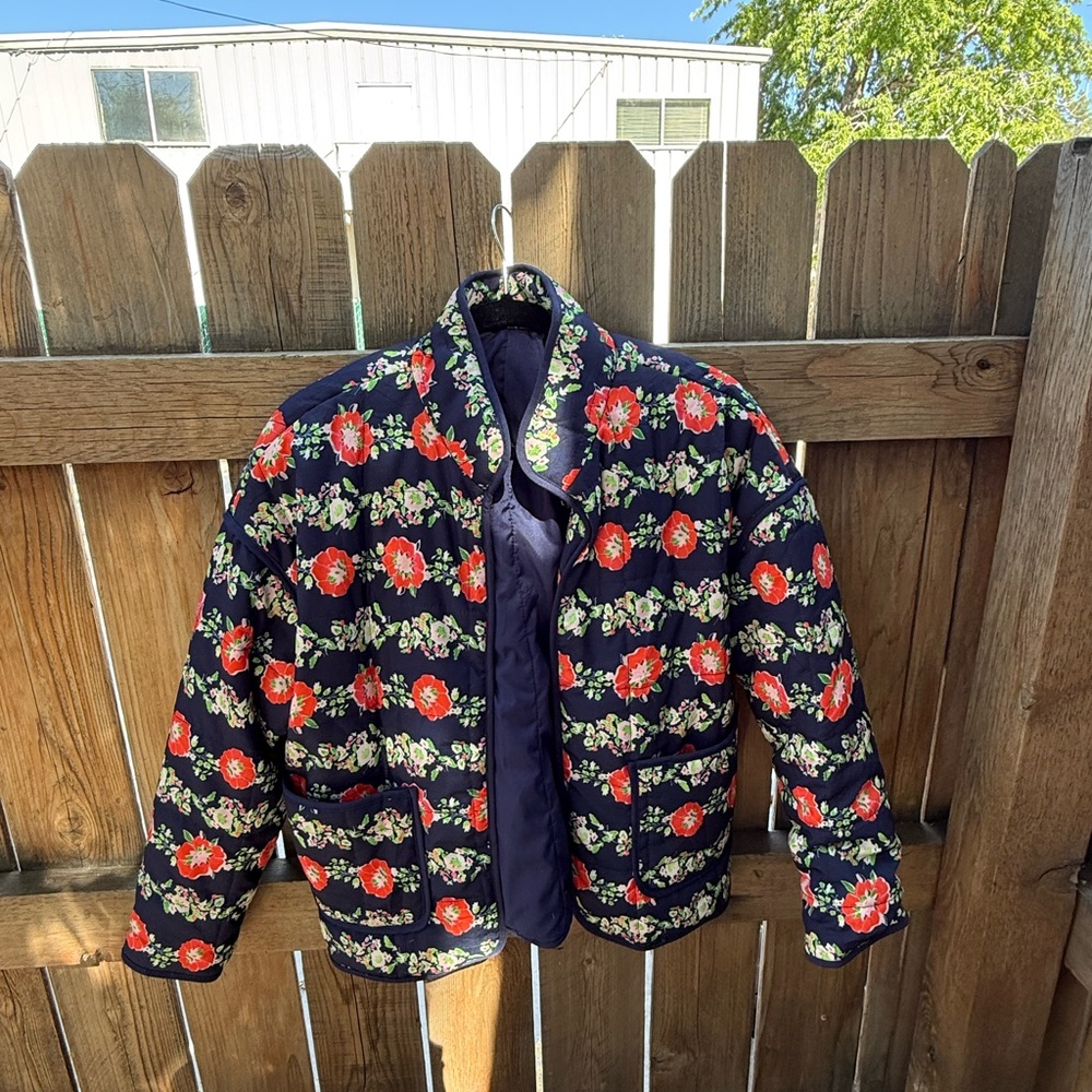 Navy Floral Quilted Jacket with Red Flowers